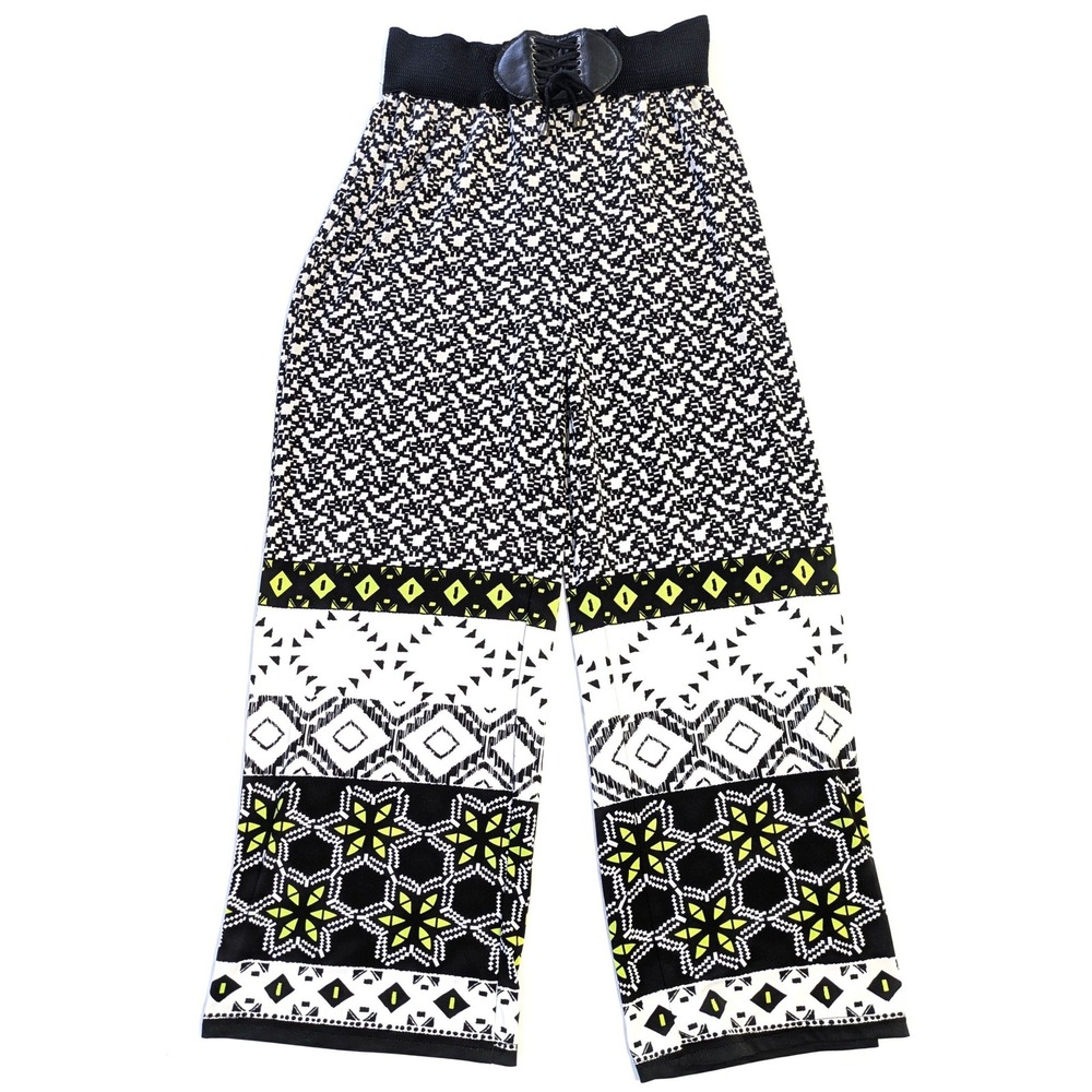 Magic Womens Wide Leg Palazzo Pants Black White Neon Geometric Tribal Print M